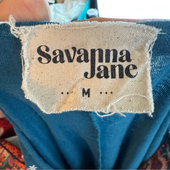 Savanna Jane teal blue and red embroidered floral bat wing drop shoulder top M - Picture 2 of 7